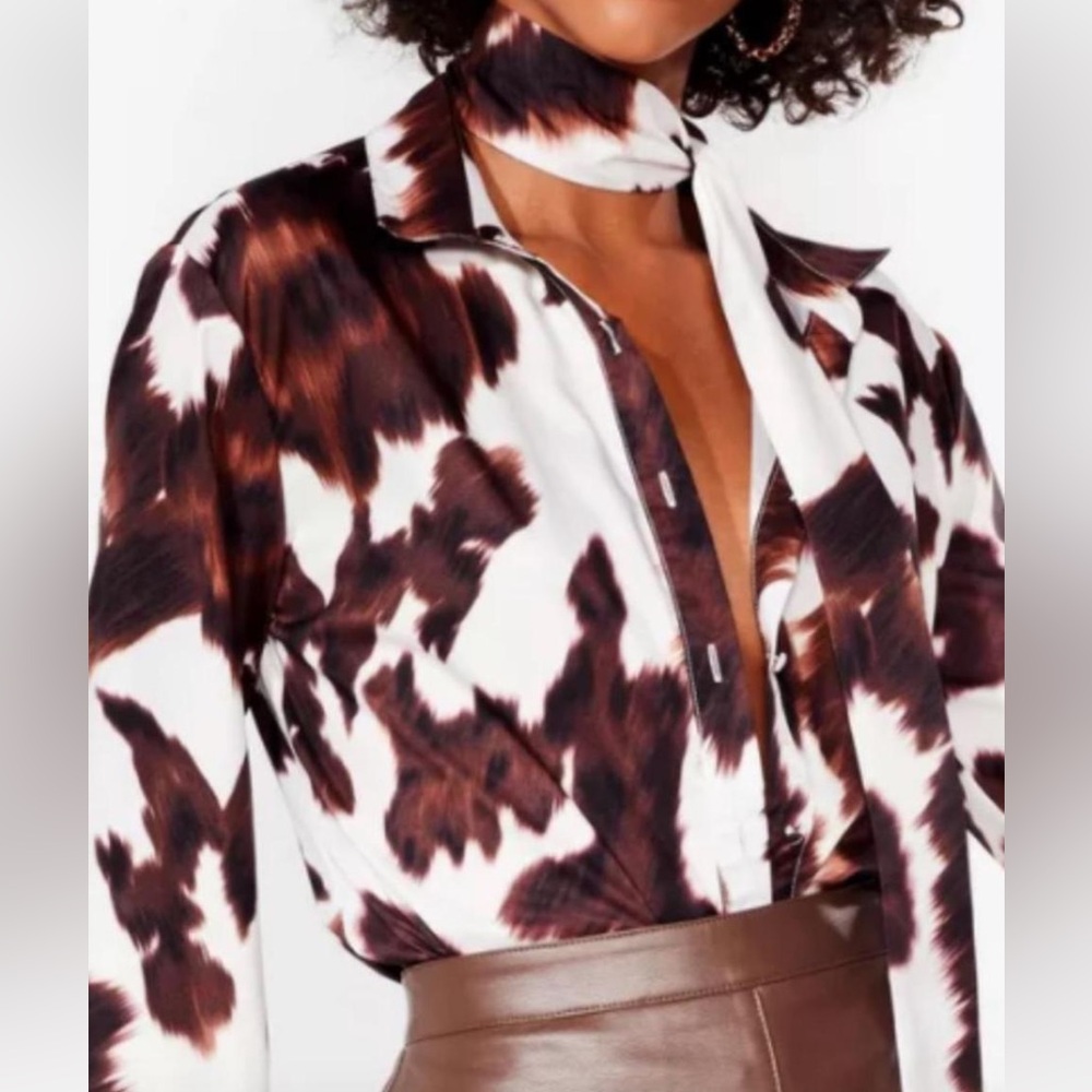 Nasty Gal Brown and White Cow Print Button Down Women's Top